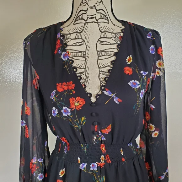 Express Floral Long Sleeve Dress Black Size Petite Small - Picture 2 of 6